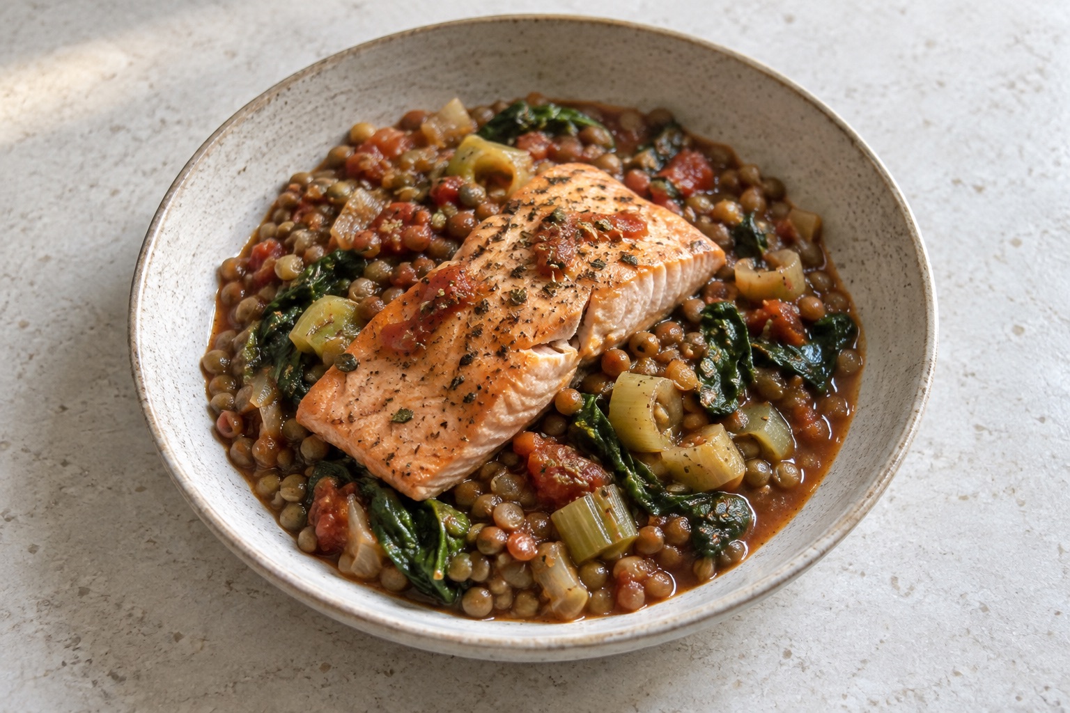 Salmon with lentils and leeks