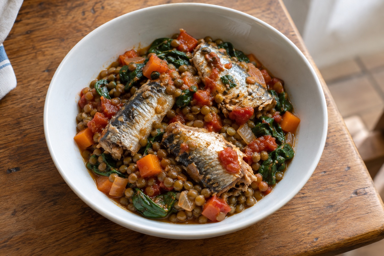 Sardines with lentils and spinach