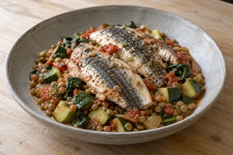 Fresh sardines with lentils and courgettes