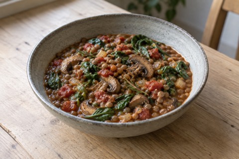 Lentil, mushroom and spinach stew