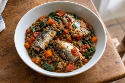 Sardines with lentils and spinach